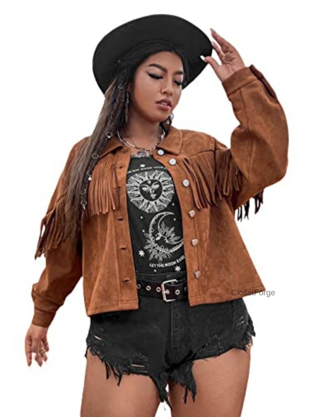 Plus Size Faux Suede Moto Jacket Button Front Fringe Trim Drop Shoulder